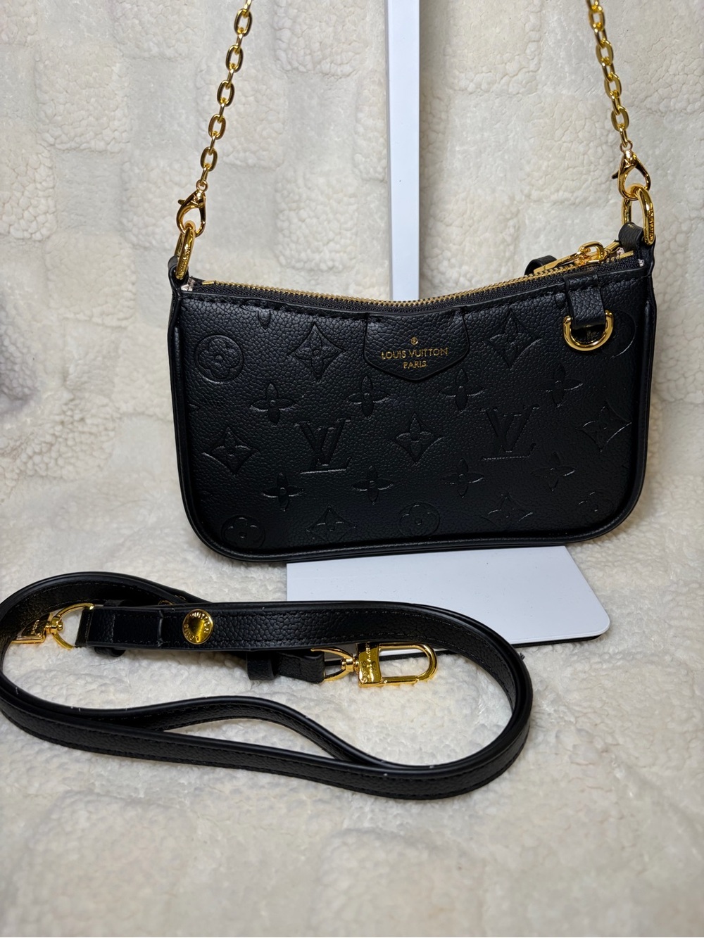Louis Vuitton Black Embossed Monogram Mini Pochette with Gold Hardware